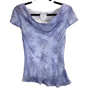VTG April Cornell XS Sheer Floral Cowl Top Blue Toile Fairy Dreamy Whimsical Y2K